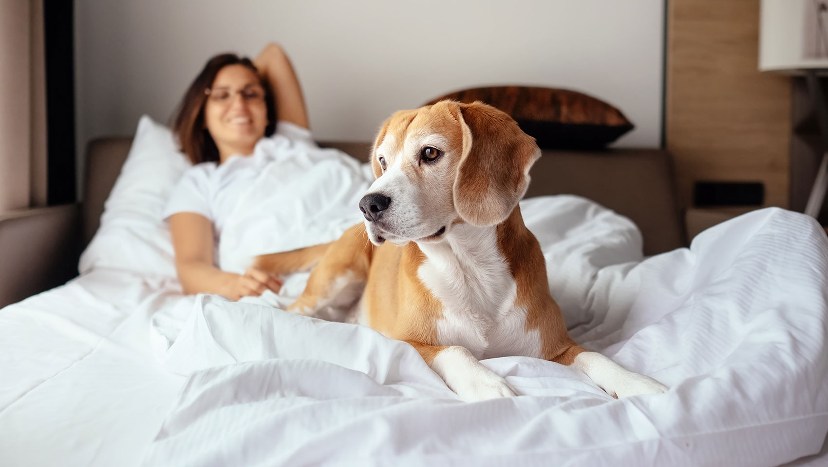 woman with dog on bed