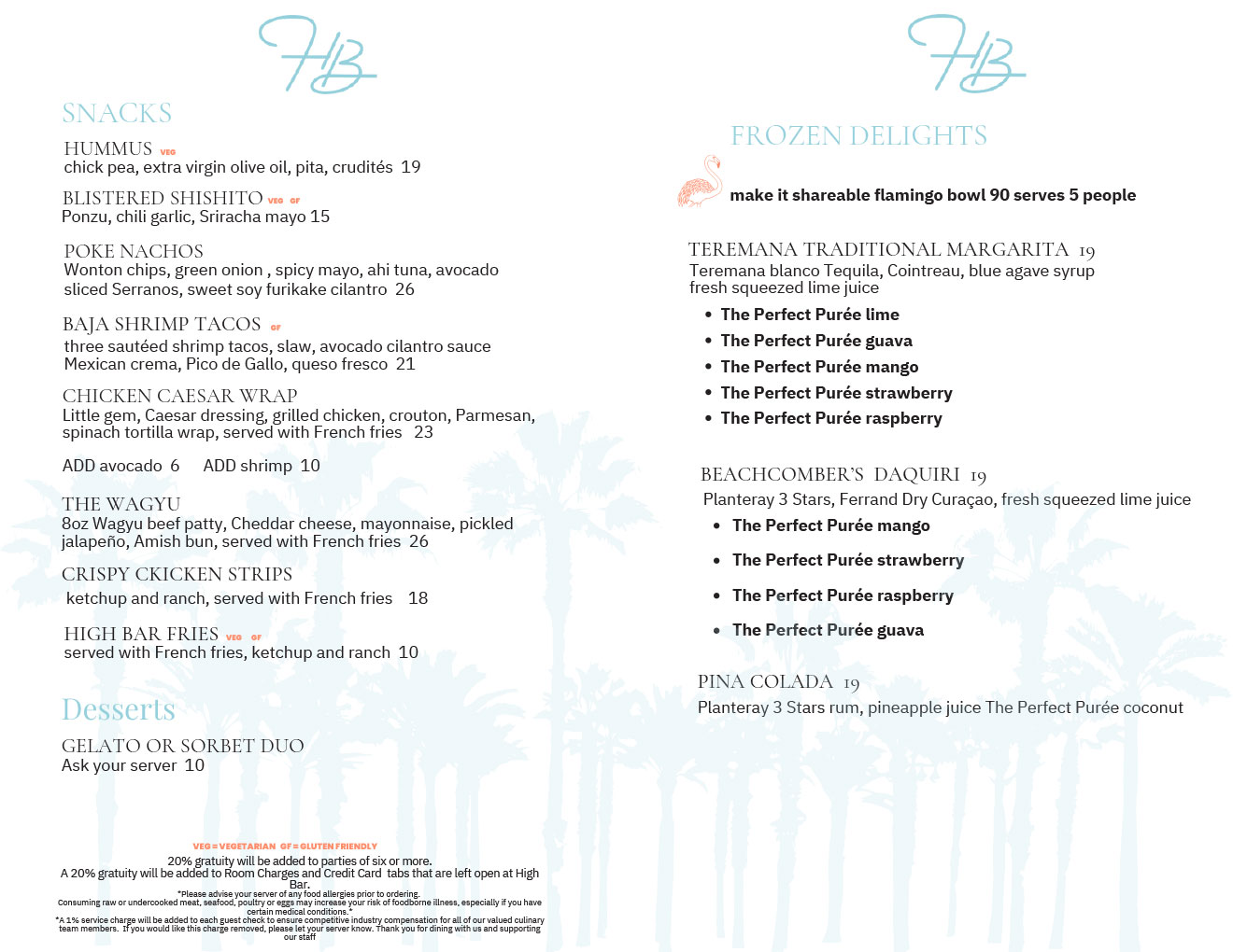 High Bar menu consisting of snacks, kids menu, specialty cocktails, wines, beers, and desserts. Snacks include nachos, dips, tacos, avocado toast, and more